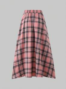 SHEIN 少女高领长袖黑色T恤和格子印花裙优雅两件套 - 粉色 - 查看 5