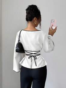 Siren Gaze Women's Elegant Flare Sleeve Tie Back Fitted Blouse, Suitable For Work And Commute, Spring/Autumn - White - View 2