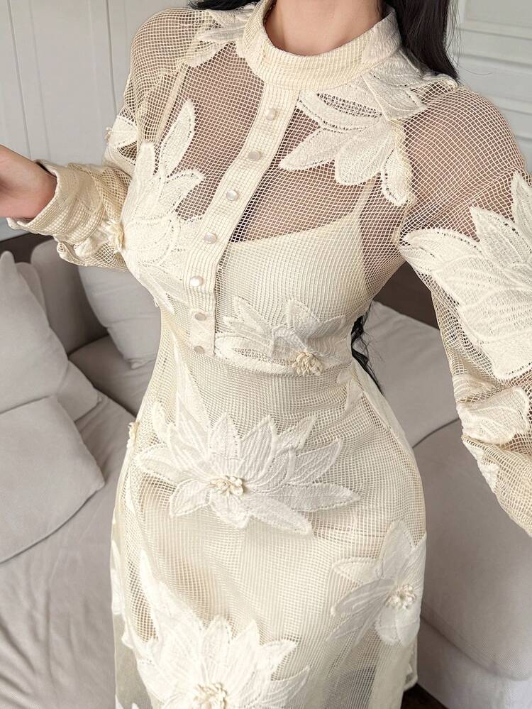 DAZY Vestido Médio Elegante Feminino com Gola Alta e Estampa Floral, Vestido de Convidada de Casamento de Outono/Inverno - Damasco - Visão 5