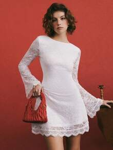 Poéselle 女士优雅蕾丝喇叭袖收腰短款连衣裙，适合春、夏、秋季穿着 - 白色 - 查看 9