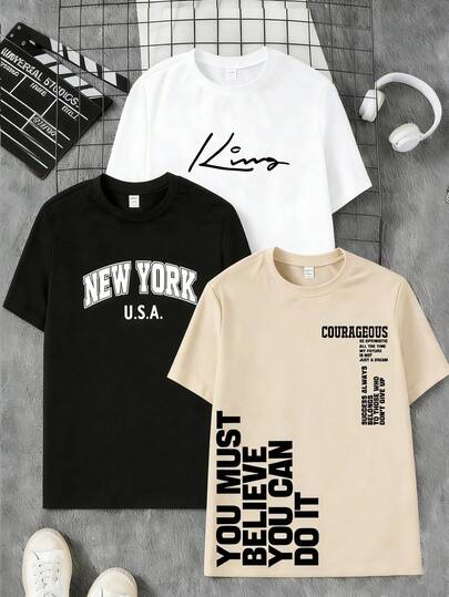 Camiseta de manga corta con estampado de letras informal para adolescentes, verano