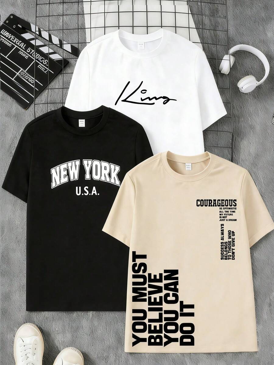 Teen Boy Casual Letter Print Short Sleeve T-Shirt, Summer - Multicolor - View 1