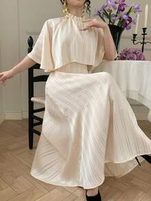DAZY Women's Elegant Striped Frill Trim Dress, Spring/Summer Wedding Guest Dress Sundress - Beige - View 7