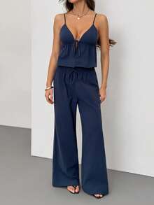 SHEIN Tall 2pcs Women Cotton Linen Camisole And Long Pants Set, Dark Blue Cotton 2 Pieces Set Spaghetti Strap Top And Palazzo Pants Womens Casual Palazzo Set - Navy Blue - View 11