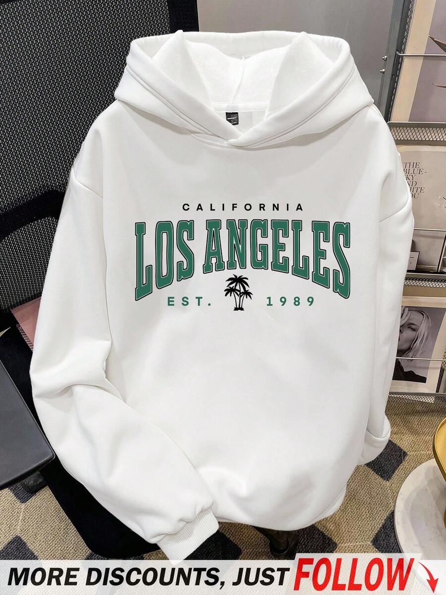 Manfinity Joysei 男士白色宽松落肩加厚保暖连帽衫，饰有洛杉矶图案印花，适合秋冬季节穿着，白色，长袖上衣 - 白色 - 查看 1