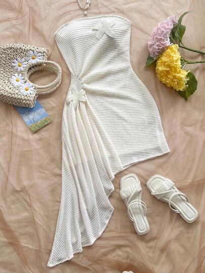 Soleia Plus Size Women White Tropical Island Resort Strapless Ruched Tie Waist Ruffle Starfish Decor Beach Mini Dress , Carnival.