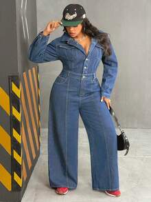 Slaydiva 大码女式牛仔风格无弹力修身蓝色牛仔连体裤，秋季穿搭 - 中等水洗藍 - 查看 4