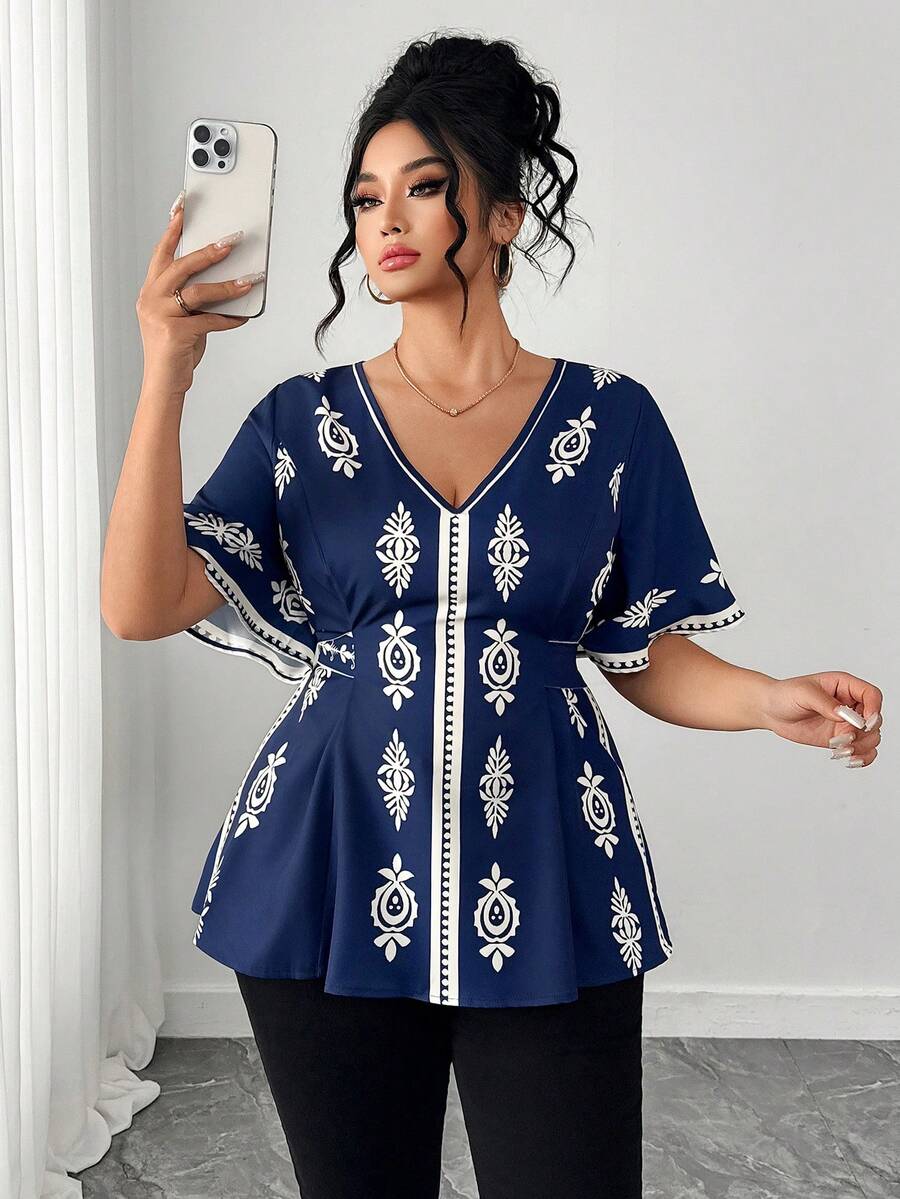 Elenzga 大码女式V领蝴蝶结系带衬衫，复古印花衬衫 - 藏蓝色 - 查看 1