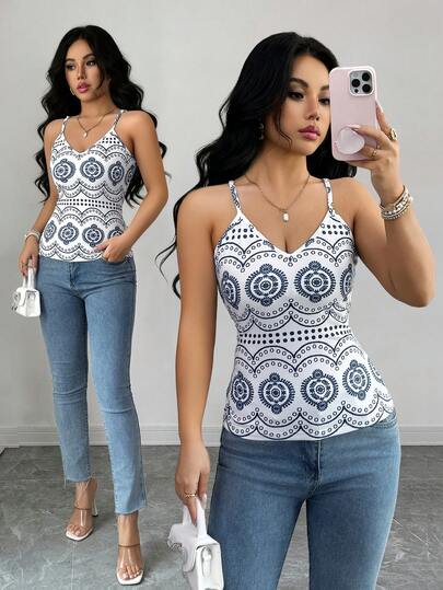 Elenzga Women's Perris Casual Vacation Elegant Minimalist Spaghetti Strap Long Fashionable Fitted Stylish Daily Wear Blue And White Tank Top