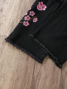 Manfinity Joysei 男士街头时尚梅花刺绣水洗阔腿牛仔裤，垃圾摇滚 - 黑色 - 查看 4