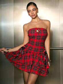Betty Boop x SHEIN Women's Plaid & Cartoon Figure Graphic Tube Mini Dress - Red - View 3
