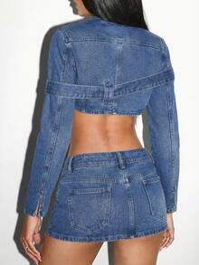 Jeanoix Chaqueta corta de mezclilla con cuello alto, manga larga, cierre delantero con cremallera y diseño de botones de ojal - Azul - Ver 3