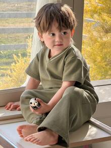 Dazy Kids 2pcs Toddler Boys' V-Neck Casual Long Sleeve T-Shirt And Pants Homewear Set - Green - View 5