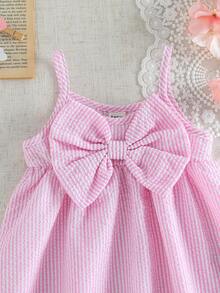 SHEIN 0-3 Years Old Baby Girl Fashionable Elegant Cute Casual Minimalist Textured Fabric Pink Striped Sleeveless Dress - Pink - View 6