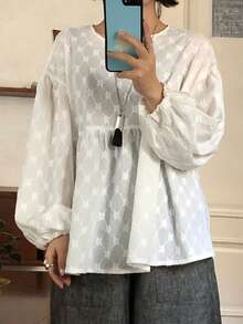 FRIFUL 女士圆领刺绣宽松休闲甜美3D刺绣荷叶边拼接宽松上衣，白色长袖 - 白色 - 查看 5