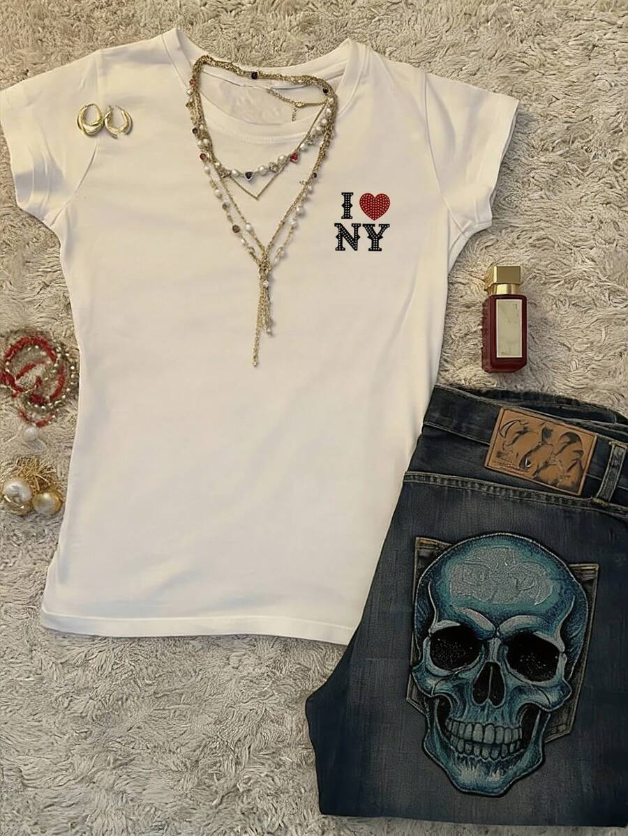 Attitoon Casual Minimalist Faux Rhinestone "I LOVE NY" Letter Graphic Fitted Women's Short Sleeve T-Shirt, Suitable For Summer, Vintage Retro Style, Casual Vacation Style, Sexy Style, Cute, Y2K Coconut Girl, Boho, Spring Break, Brunch-Ready, Baby Blue, Girls Trip, Neon Beach Vibes, Bohemian, Hippie Style, Music Festival, Suitable For Summer Carnival - White - View 1