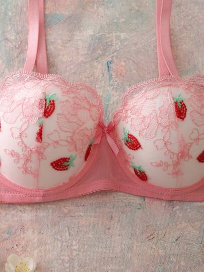 FloralLove Valentine's Day Pink Underwire Molded Cup Bra With Lift And Gather, Embroidered Strawberry And Floral Pattern, Romantic Pastoral Style Women's Lingerie