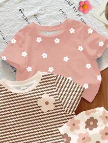 Set de 3 camisetas de manga corta de cuello redondo a juego con estampado floral en crema blanco, rayas marrones y rosa, adecuadas para uso diario, en casa, vacaciones, combinación, comodidad, capas para niñas, ropa gráfica floral para niños, elegante otoño, moda invierno, nuevo estilo, relajado - Multicolor - Ver 4