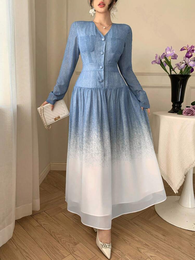 Spring/Summer Tie-Dye Tie Dye Elegant Long Dress, Suitable For Valentine's Day, Wedding, Party, Formal Occasion, Fashion, Slim Fit, Commute, Blue Wedding Guest Dress Sundress