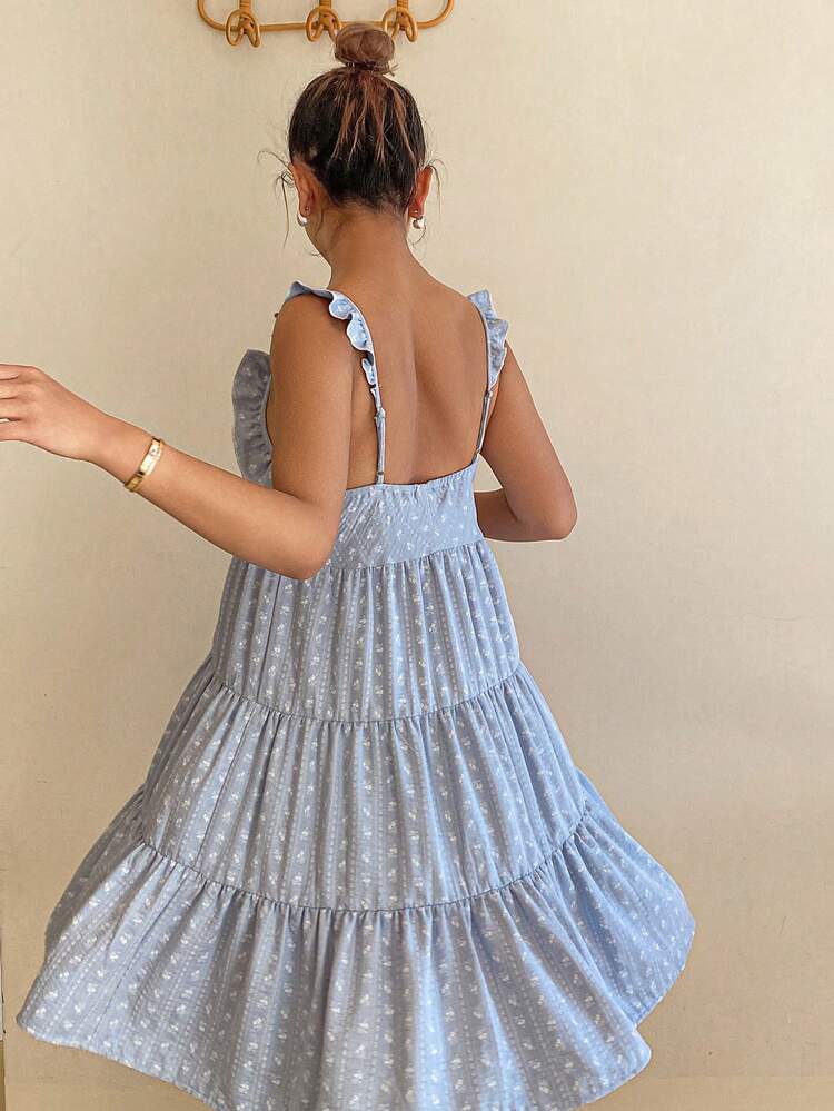 Vacation Style Sweet Striped Floral Ruffle Trim Camisole Women Nightgown