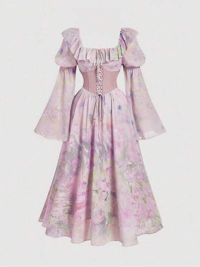 SHEIN MOD Plus Size Floral Oil Painting Print Dress, Garden, 2 In 1 Princess Dress, Romantic Palace Style Long Dress, Waist Belt Patchwork, Tie Decor, Party Wear, Spring/Summer