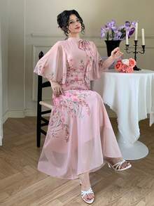 DAZY Women's Elegant Floral Print Ruched Tie Neck Flounce Sleeve Midi Dress, Spring/Summer