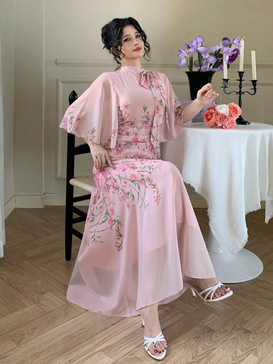 DAZY Women's Elegant Floral Print Ruched Tie Neck Flounce Sleeve Midi Dress, Spring/Summer