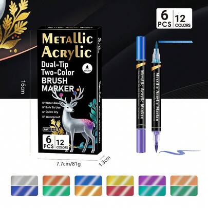 Colored Double-Ended Two-Color Metallic Pens, Soft Tip Metallic Markers, Water-Based Multicolor Brushes For Art Painting & DIY Crafts