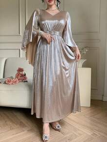 DAZY Women's Elegant Solid Color V-Neck Ruffle Sleeve Belted Long Dress, Spring/Summer Wedding Guest Dress Maxi Dress Sundress - Apricot - View 8