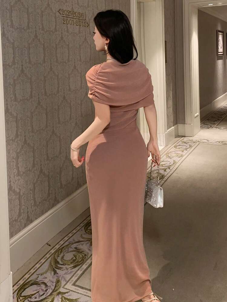 Women's Elegant Solid Color Asymmetric Ruched Long Dress, Summer Wedding Guest Dress Sundress