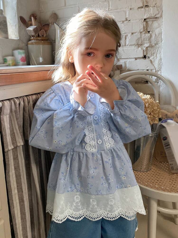 Young Girl Ditsy Floral Lace Trim Loose Blouse Spring