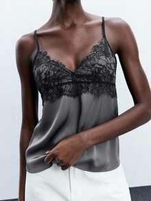 Maija Camiseta de mujer con decoración de cuello de encaje, elegante y de moda para el transporte urbano, negocios, casual, Navidad, fiesta de Año Nuevo - Gris Oscuro - Ver 5