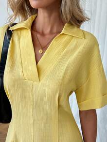 SHEIN LUNE Đầm ngắn tay xếp ly màu trơn dáng ôm dành cho nữ, trang phục cơ bản hàng ngày cho mùa xuân/hè. - Màu vàng ngỗng - Xem 5