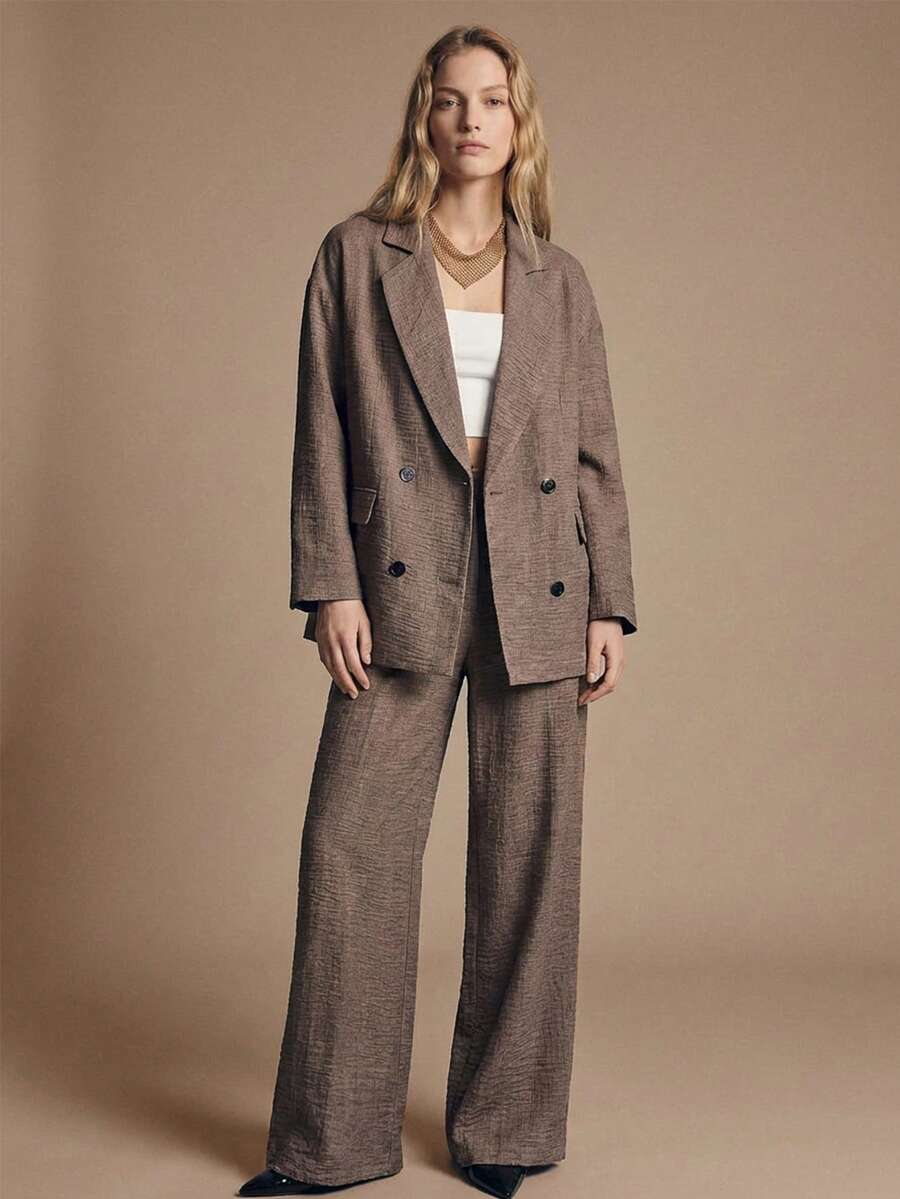 Maija 两件套女士休闲双排扣西装外套和裤子套装 西装套装 女士套装 女士西装 女士套装 西装套装 - 棕色 - 查看 1