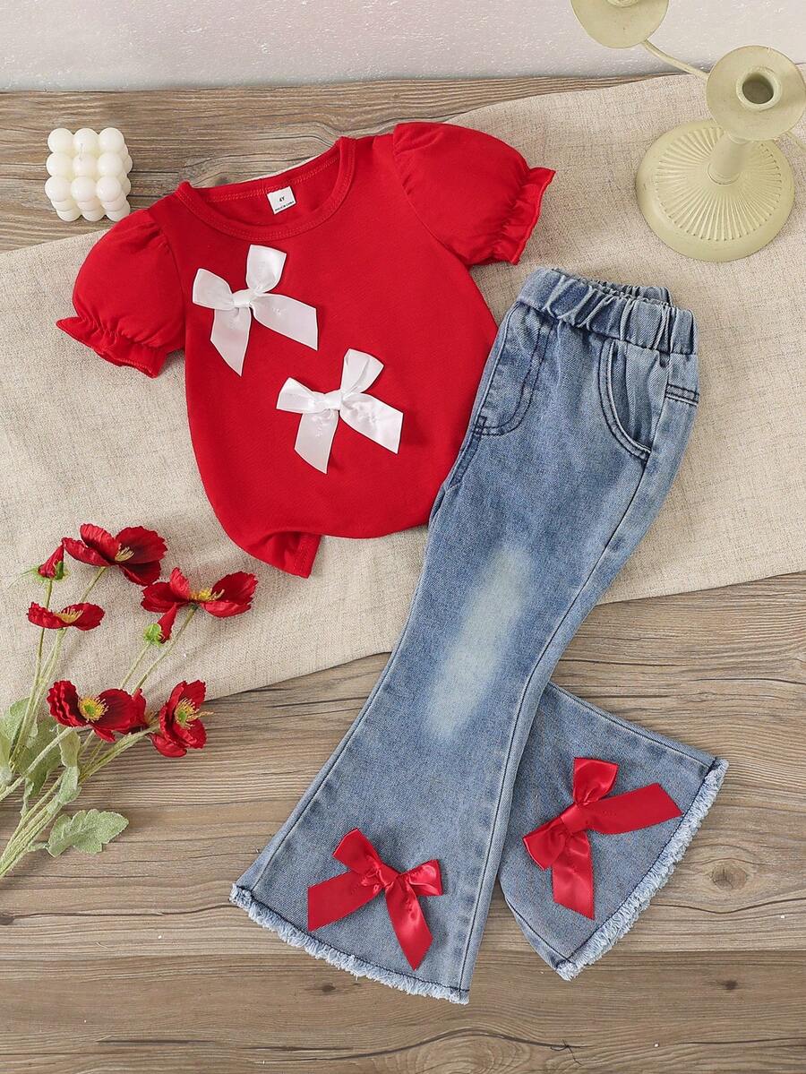 SHEIN Playful Pals 2件套 女童圆领短袖3D蝴蝶结灯笼袖T恤+松紧腰喇叭牛仔裤 蓝色休闲时尚套装,夏季新品 - 紅色 - 查看 1
