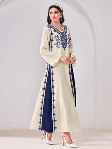 Al Najma 休闲印花V领长袖端庄阿拉伯连衣裙 - 彩色 - 查看 1