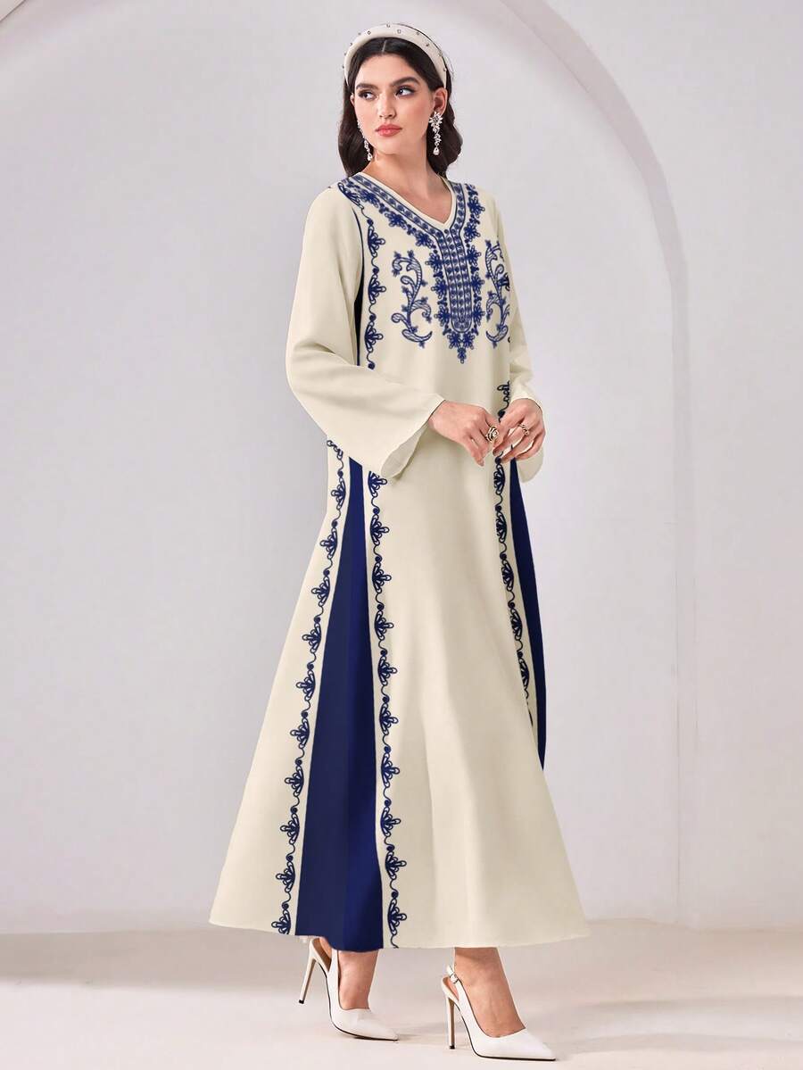 Al Najma 休闲印花V领长袖端庄阿拉伯连衣裙 - 彩色 - 查看 1