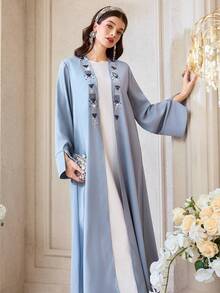 Al Najma 女士优雅亮片刺绣前开襟阿拉伯长袍，秋季 - 藍色 - 查看 7