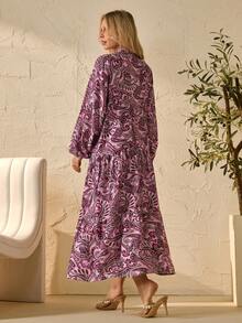 EURMUSE Women's Boho Paisley Long Dress – Long Sleeve V-Neck, Vintage Chic Elegant Casual Vacation Outfit - Multicolor - View 4