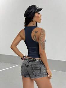 StreetHx Áo tank top nữ phong cách punk đính đinh tán, ôm sát, gợi cảm, dáng ngắn. - Màu xanh hải quân - Xem 2
