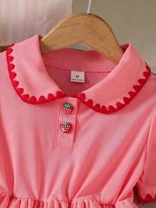 SHEIN Elladie kids 女童纯色红/粉色草莓刺绣领短袖A字连衣裙，松紧腰设计，夏季休闲日常穿着 - 紅色 - 查看 3