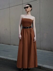 Siren Gaze Women's Summer Top-Tight And Bottom-Wide Knitted Splicing Woven Casual Dress With Side Pockets Rust Brown Dress Earth Tone Dress - Brown - View 4