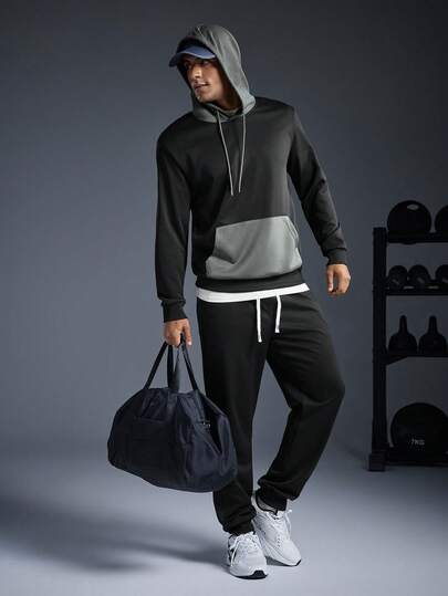 Driftmere 男士春秋季轻薄修身撞色连帽衫和抽绳腰裤两件套，休闲百搭，带口袋，适合送给老公/男友，秋季街头风，通勤，户外活动，春夏度假皆宜。