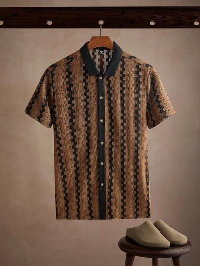 Core Aspect 夏季大码男士休闲拼色条纹短袖衬衫