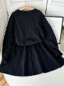 Genkimix Kids Tween Girl Letter Graphic Long Sleeve Single-Breasted Hollow-Out Knit Cardigan And Knit Pleated Mini Skirt Set - Black - View 2