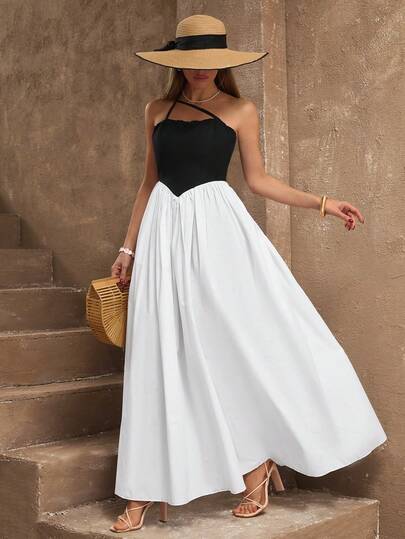 EURMUSE Contrast Corset Midi Dress, Spaghetti Strap Design, Fitted Bodice Silhouette, Flared Skirt Detail, Soft Cotton-Blend Fabric, Elegant Monochrome Style, Timeless Black And White Look, Feminine Sophisticated Chic