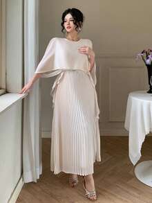 DAZY Women's Elegant Solid Color Pleated 2 In 1 Long Dress, Spring/Summer Wedding Guest Dress Sundress - Beige - View 7