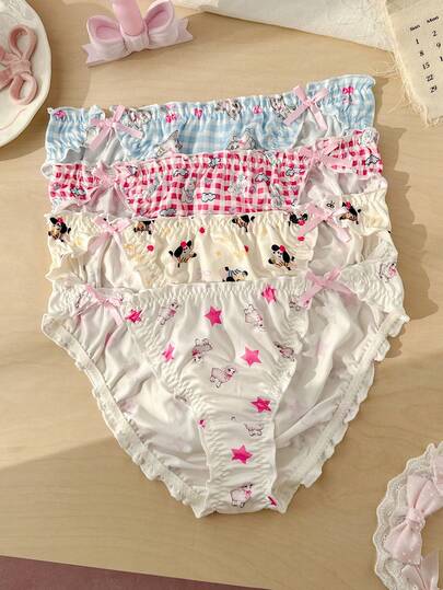 PetitDoll 4件套女童卡通动物蝴蝶结装饰舒适可爱荷叶边内裤套装
