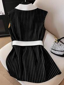Elenzga Plus Size Elegant Patchwork Striped Sleeveless Shirt, Suitable For Commuting - Black - View 2
