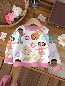 CoComelon X SHEIN Baby Girl Casual Cute Cartoon Graphic Contrast Trim Crew Neck Sweatshirt, Suitable For Daily Wear & Commuting - White - View 1